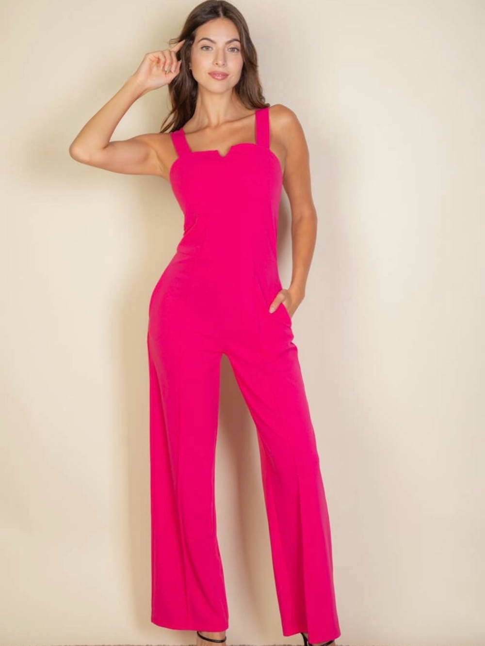 Women’s Fuchsia Notched Neck Wide-Leg Jumpsuit